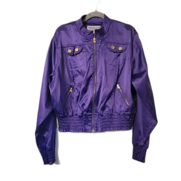 Vintage Y2K Apollo Outerwear Purple Satin Cropped Bomber Jacket Women Size  1X